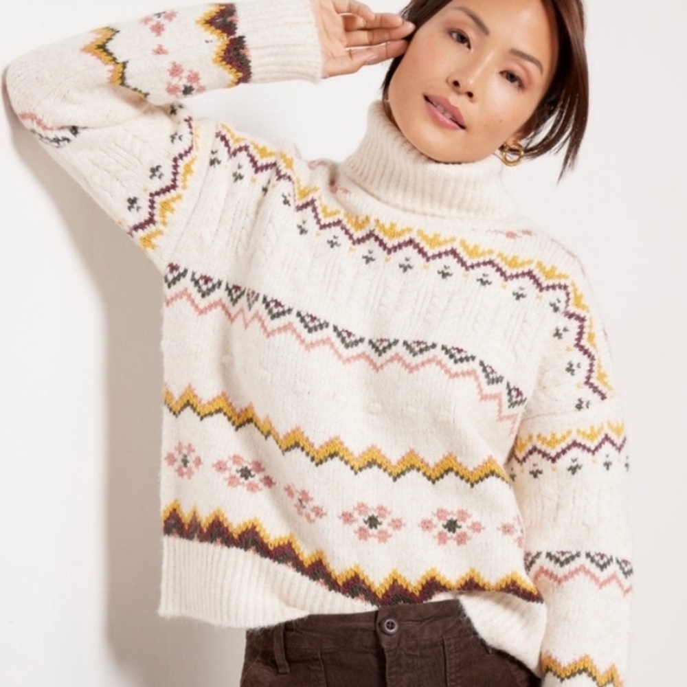 Evereve Lyra Fair Isle Chunky Turtleneck Sweater Nordic Scandi Alpine NWT XS